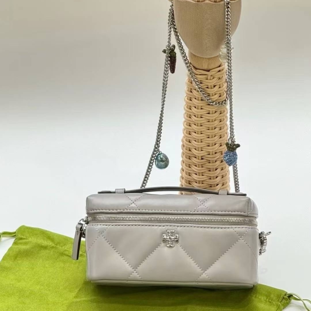 Tory Burch Quilted Crossbody Bag in Light Gray with Silver Hardware